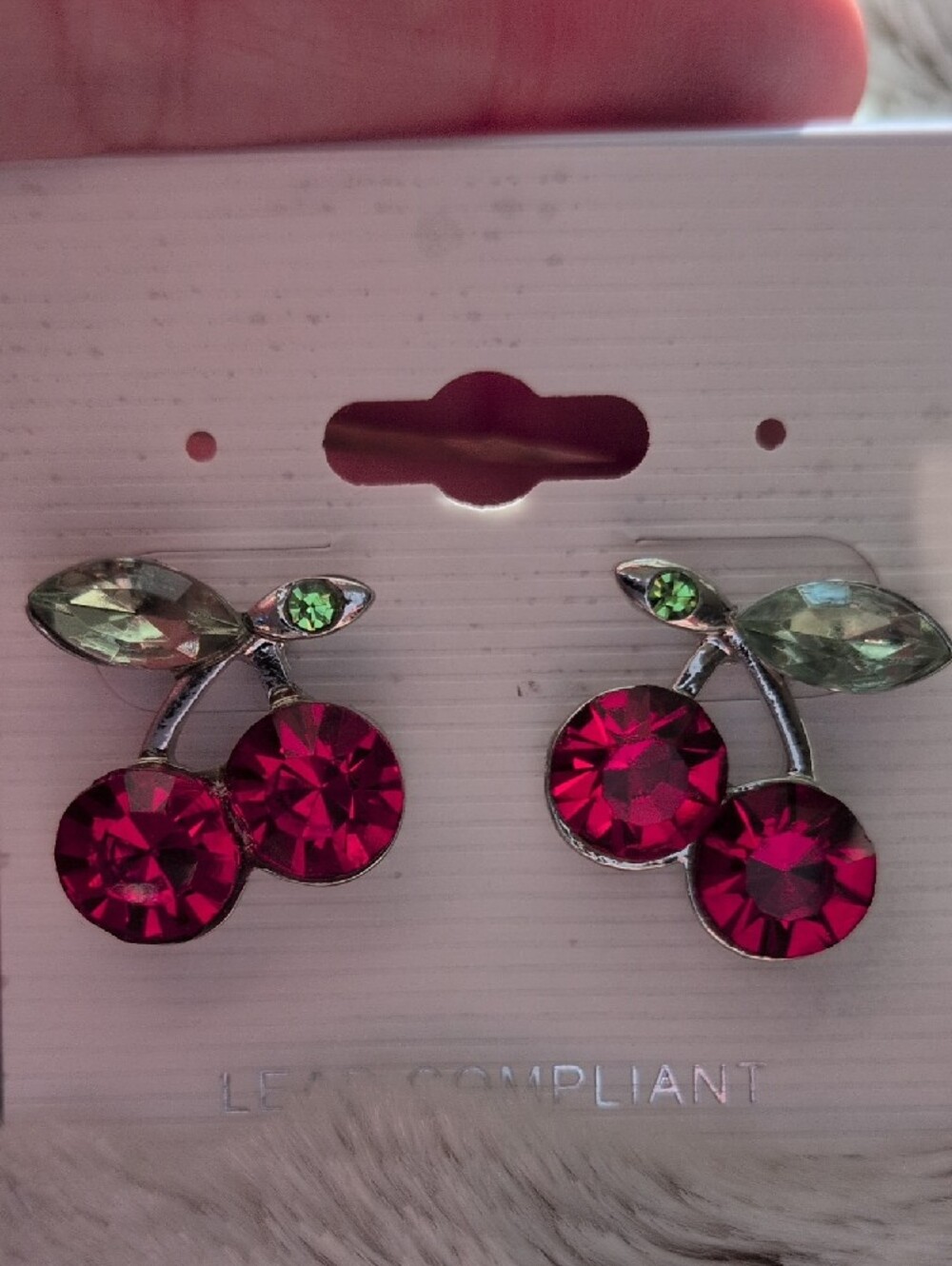 Cherry Crystal Stud Earrings - Green Leaves & Red Cherries - Picture 1 of 3